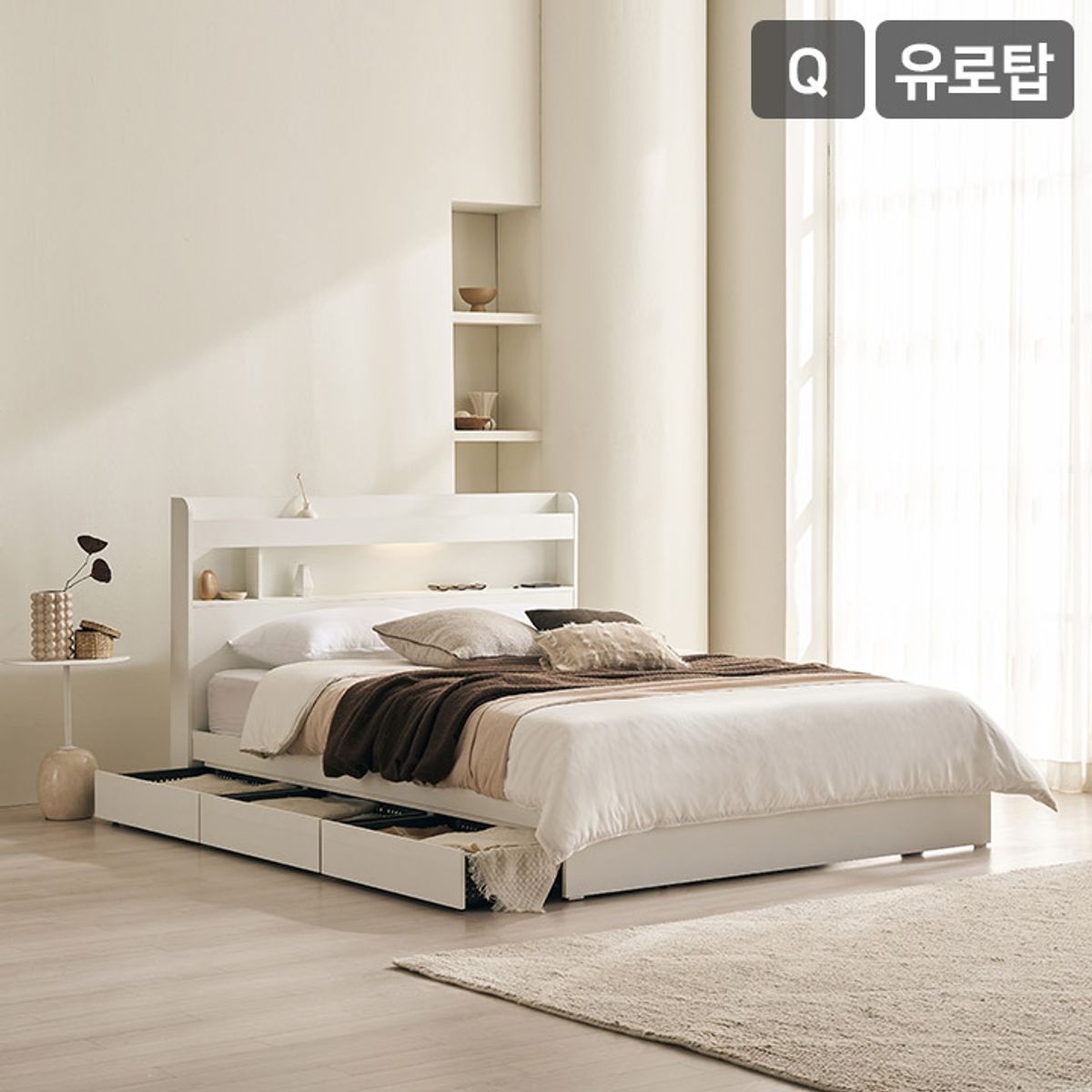 삼익가구(SAMICK) 데이슨 LED 3단 수납 침대(65T 유로탑토퍼 독립스프링 매트리스-퀸)