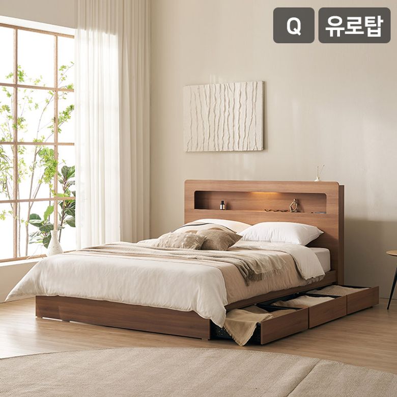 텐드 LED 3단 수납 침대(65T 유로탑토퍼 독립스프링 매트리스-퀸)