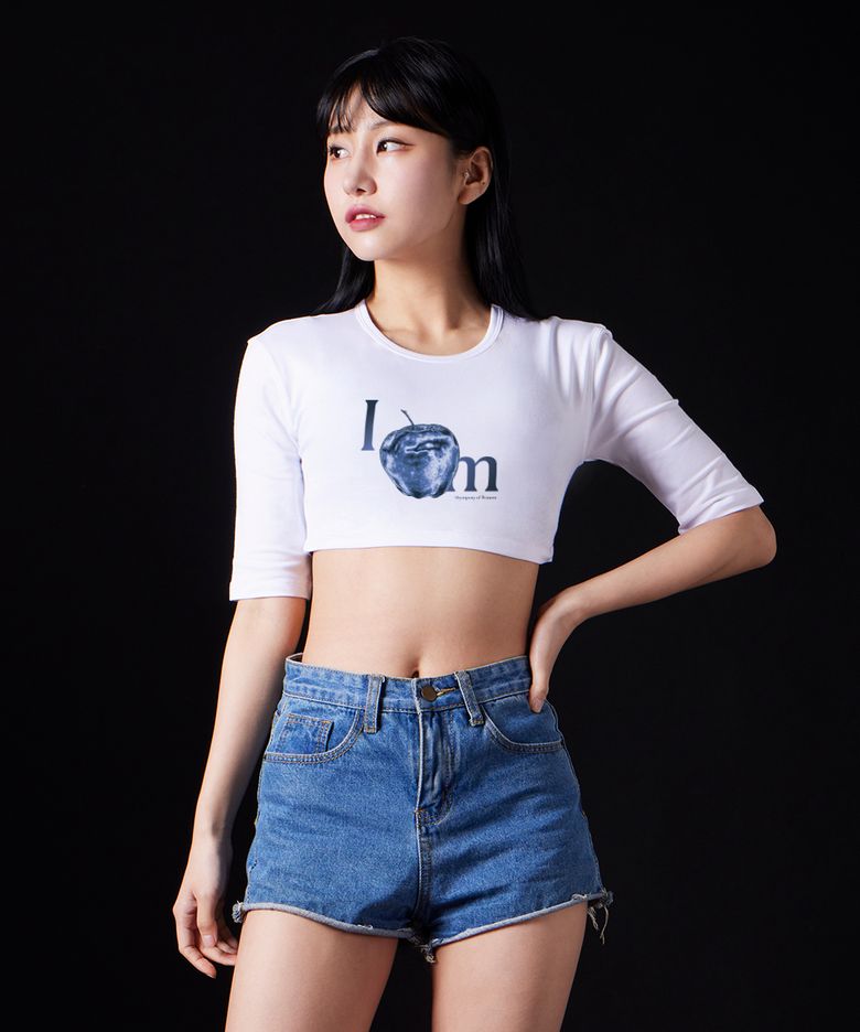 애플 수피마 스판  5부 소매 숏 크롭티_화이트