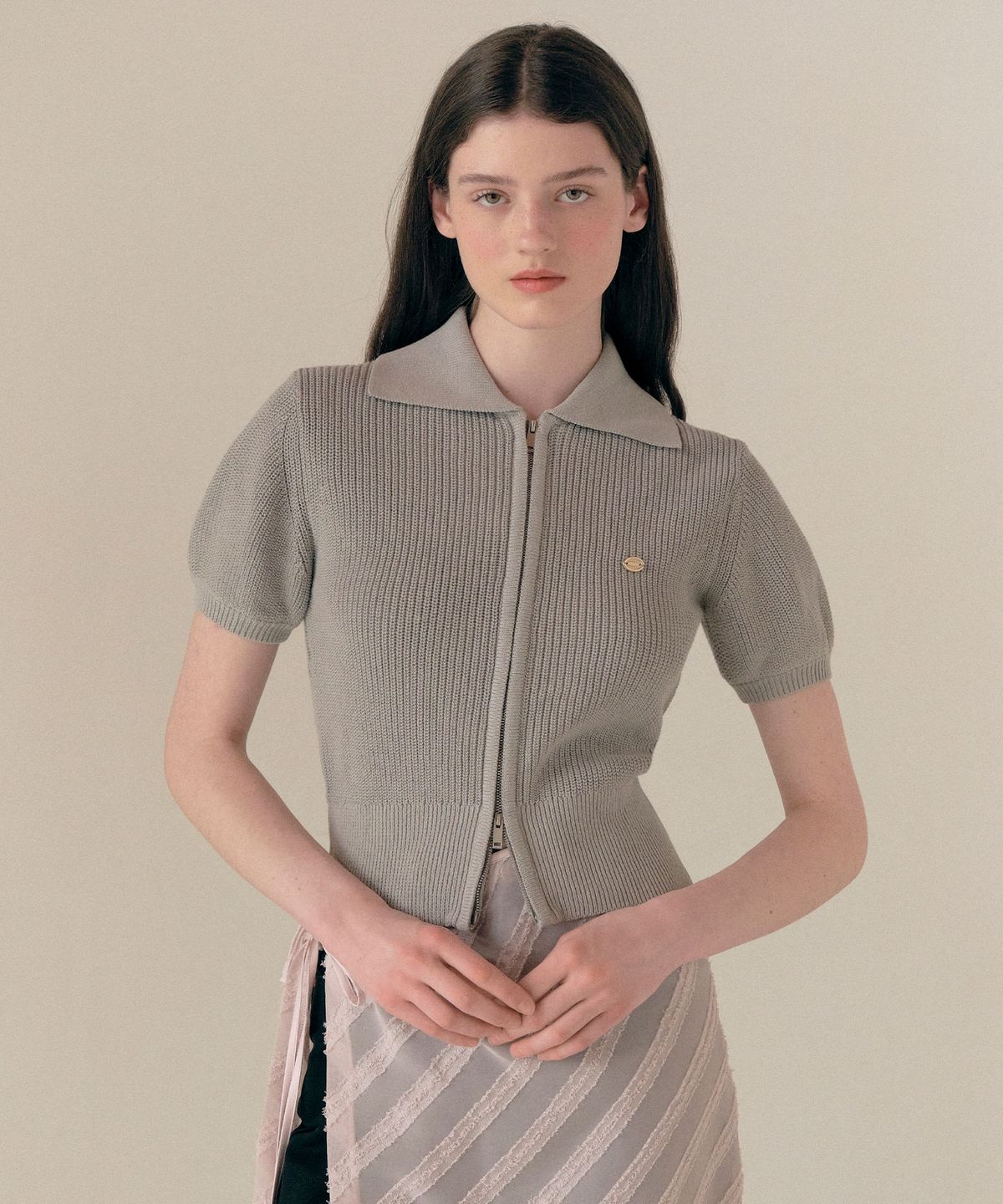 로라로라(ROLAROLA) COLLAR HALF KNIT ZIP UP GRAY