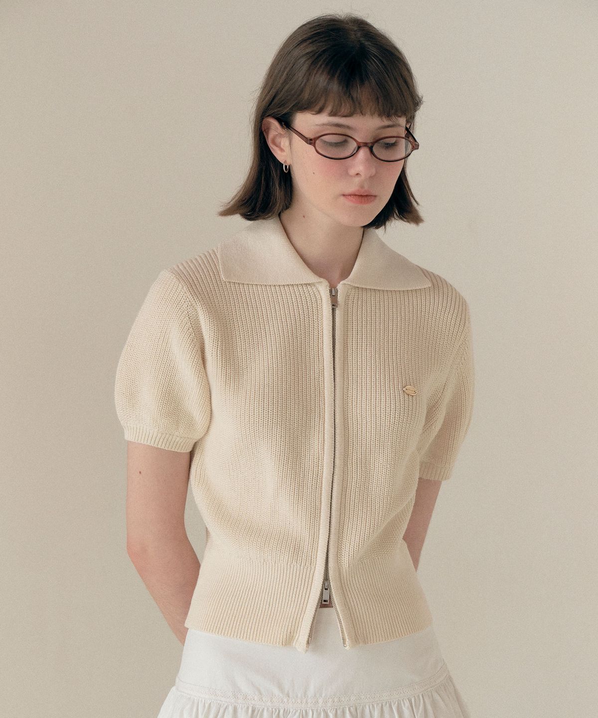 로라로라(ROLAROLA) COLLAR HALF KNIT ZIP UP IVORY