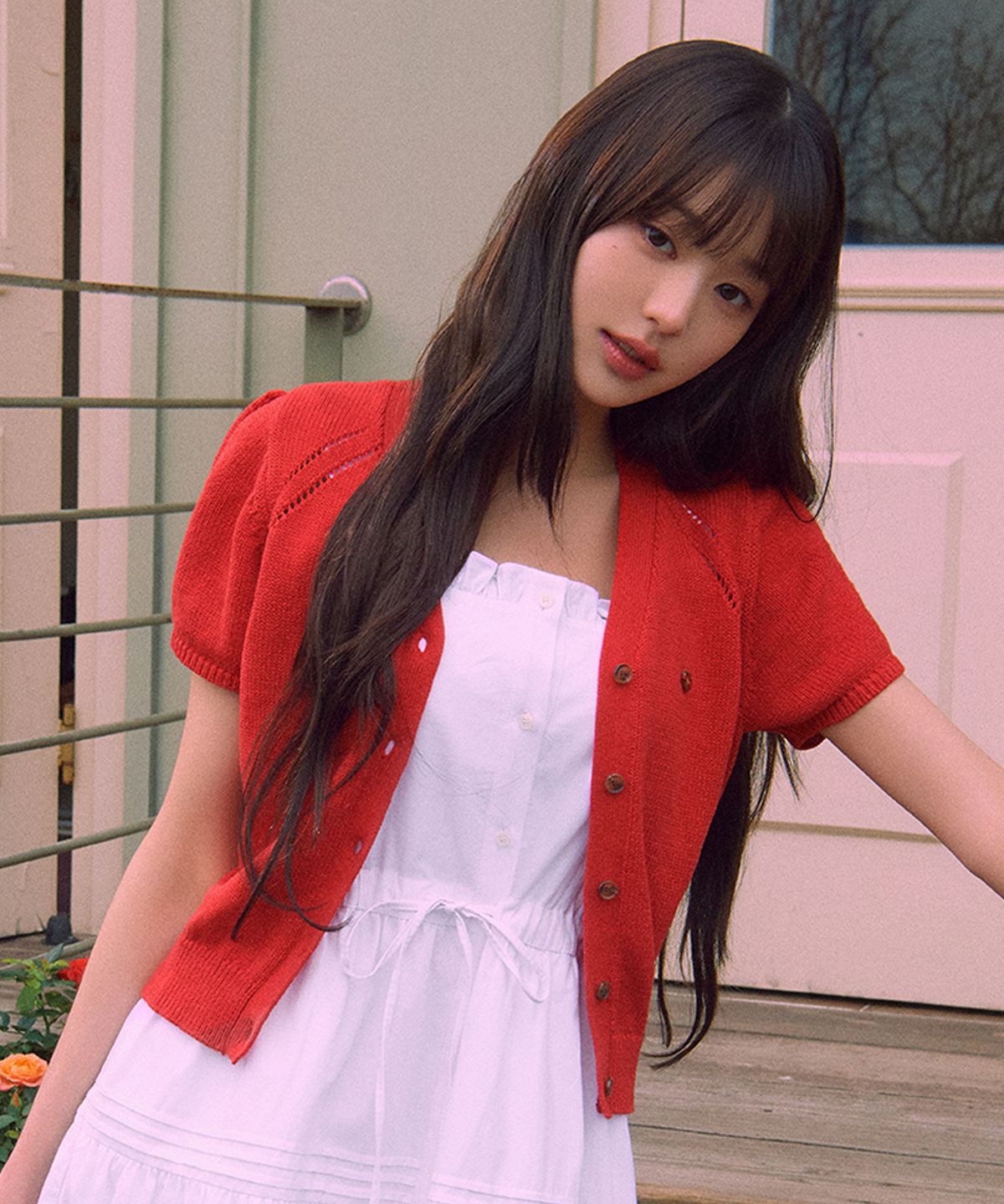 로라로라(ROLAROLA) V NECK HALF SLEEVE CARDIGAN RED