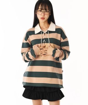 LACE UP STRIPE RUGBY TEE (BEIGE)