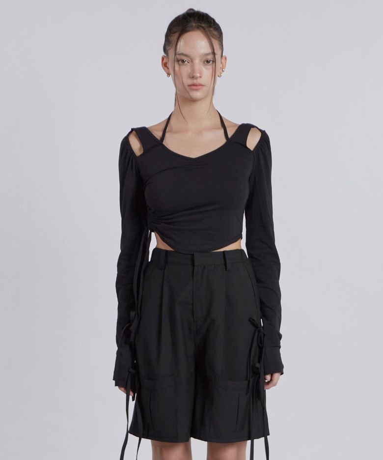 HALTER NECK SHIRRING TOP[BLACK]