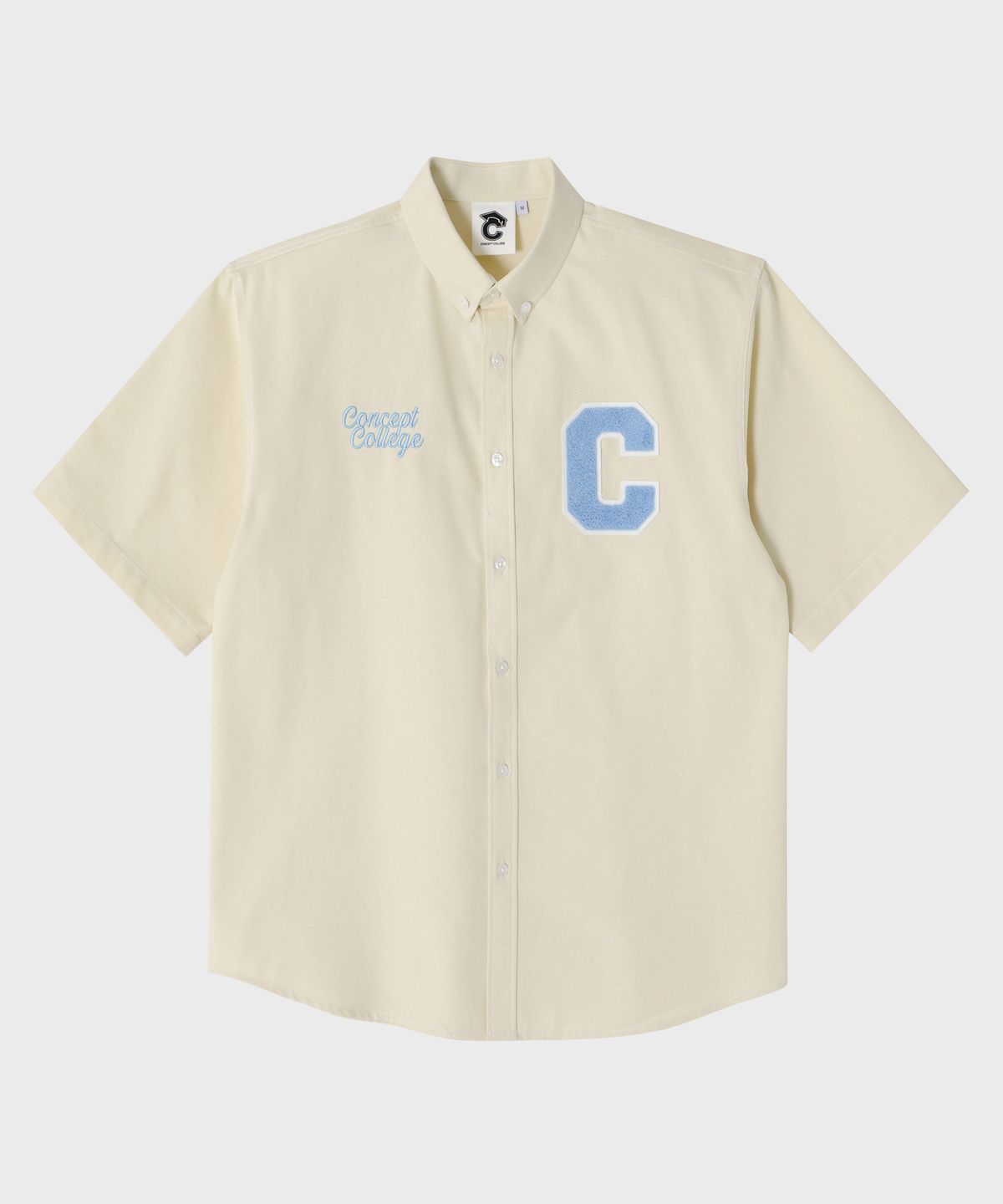 컨셉트컬리지(CONCEPTCOLLEGE) 스카이블루 C 패치 라이트 옐로우 옥스퍼드 반팔 셔츠 [남녀공용]