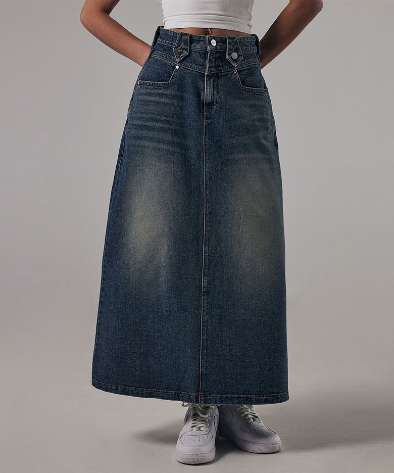 Front Yoke Denim Long Skirt [ Dark Blue ]