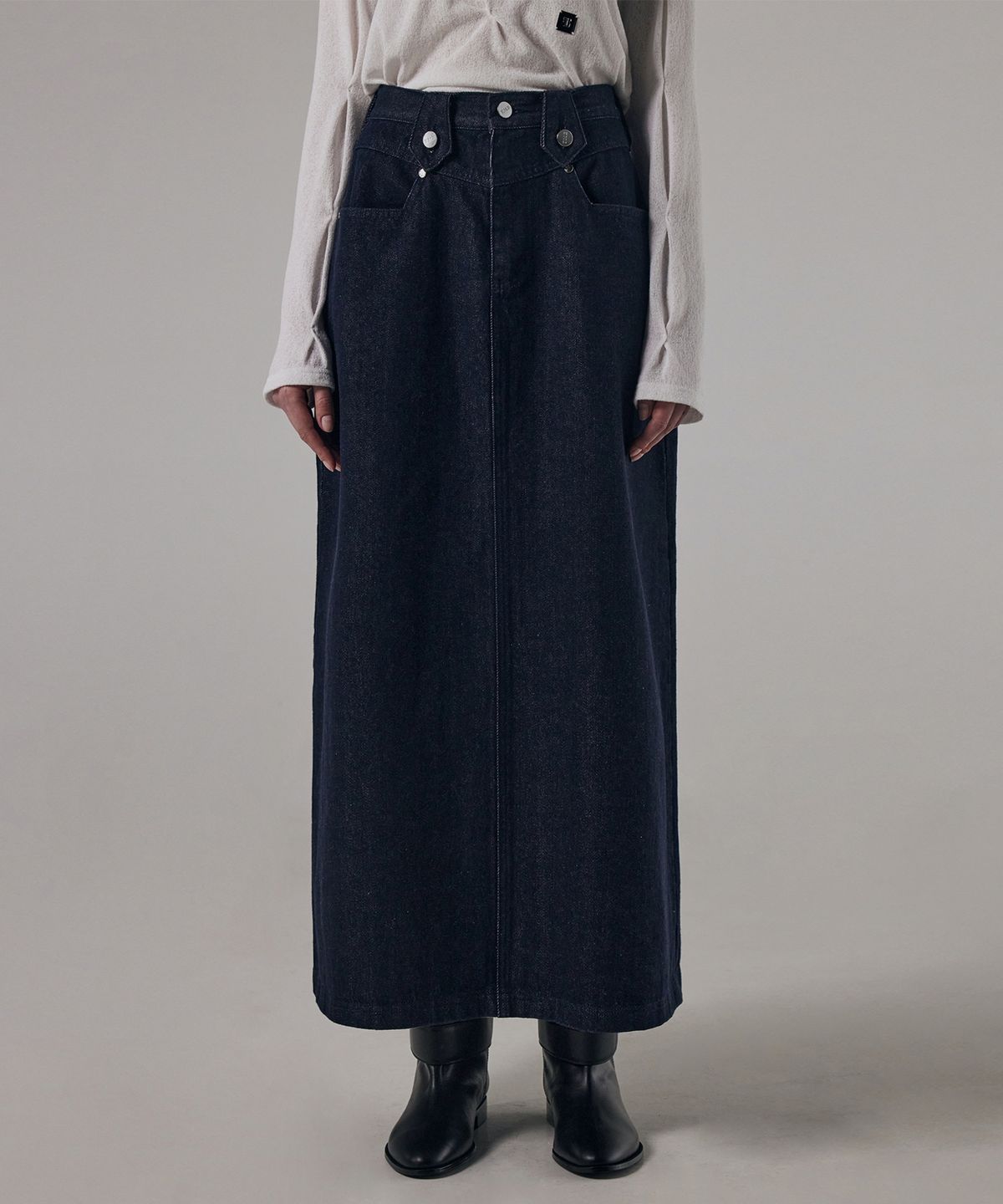 트리밍버드(TREEMINGBIRD) Front Yoke Denim Long Skirt [ Raw Denim ]