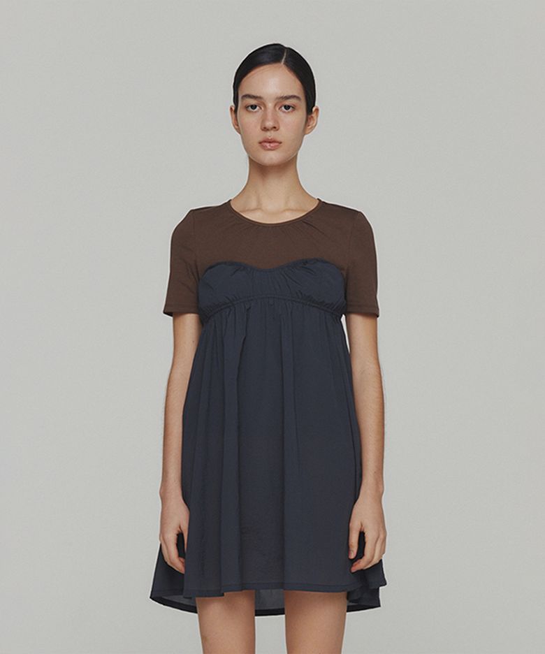 NECK SHIRRING SHORT SLEEVE TOP_BROWN