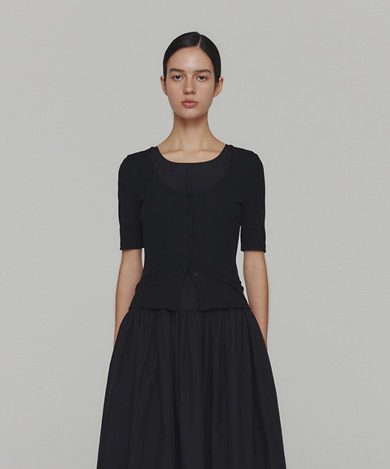 RIBBED BUTTON CARDIGAN TOP SET_BLACK