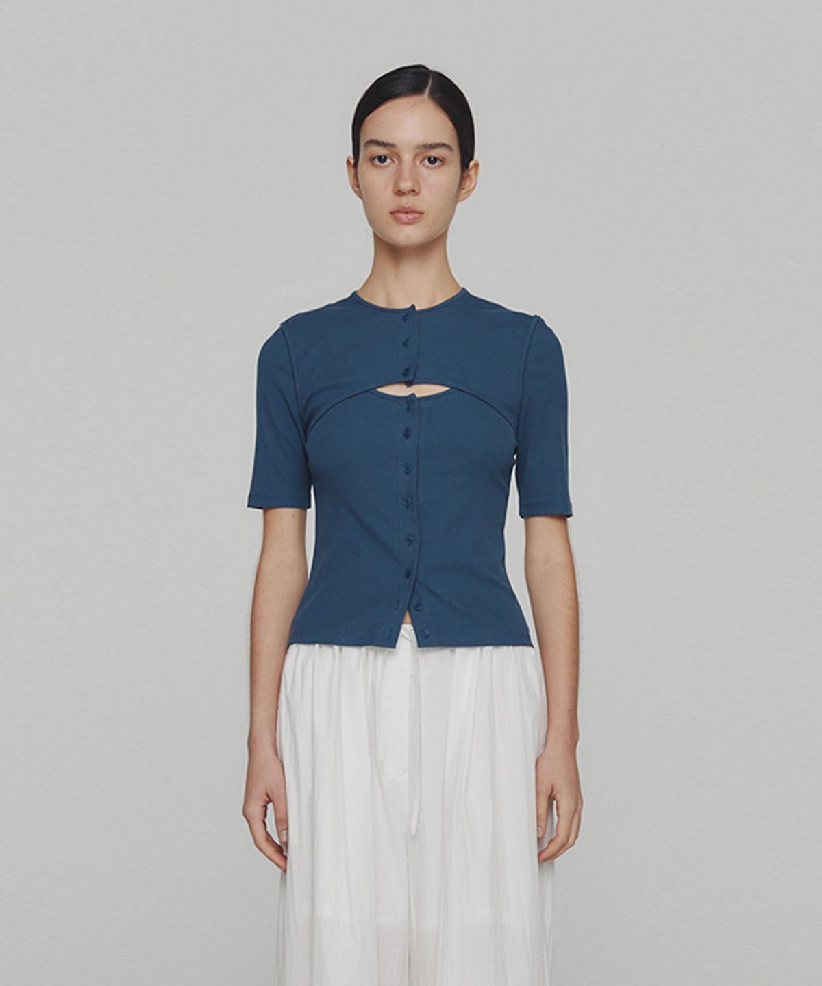 아모멘토(AMOMENTO) RIBBED BUTTON CARDIGAN TOP SET_BLUE