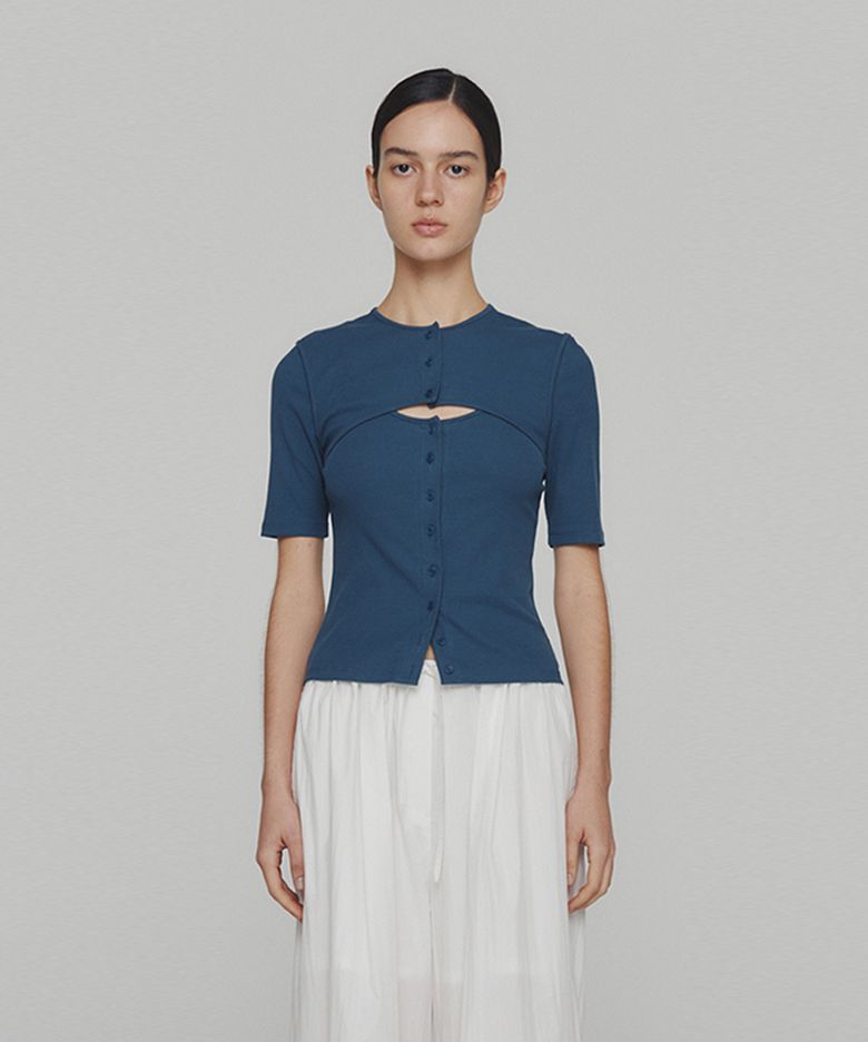 RIBBED BUTTON CARDIGAN TOP SET_BLUE