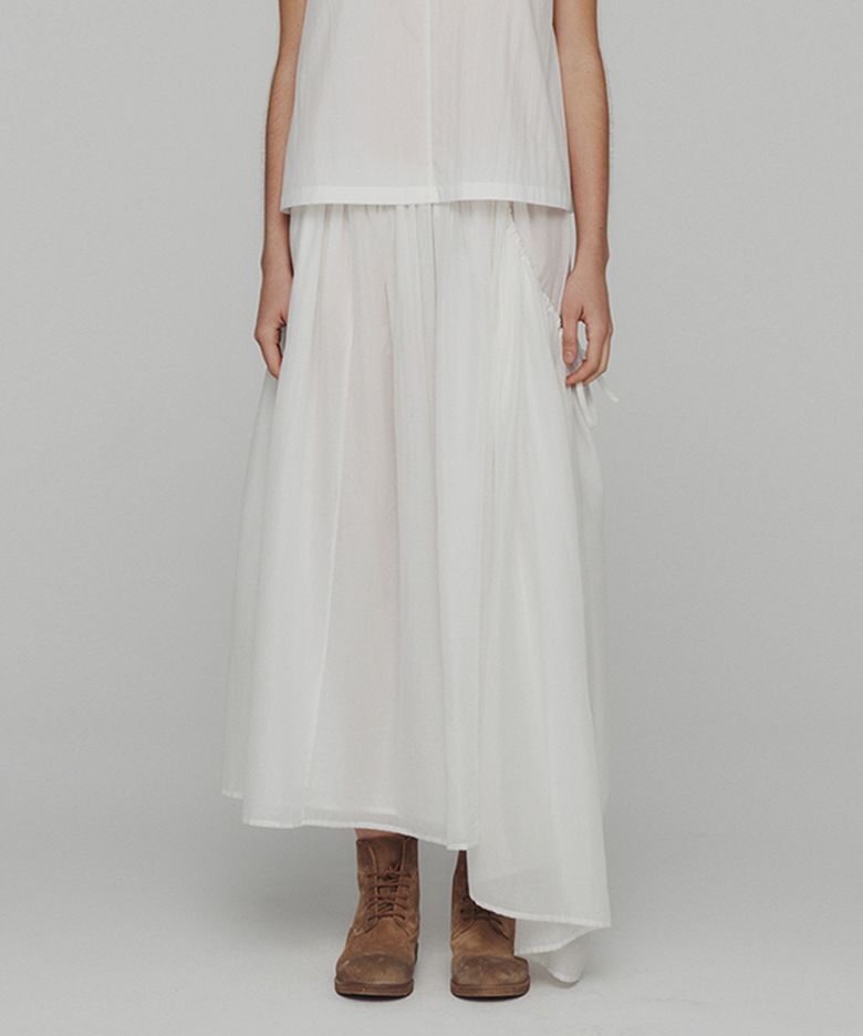 DRAWSTRING SHEER SHIRRING SKIRT_WHITE