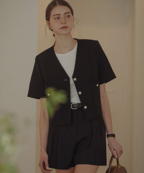 ジャケット TILL I DIE Collarless pearl button summer tweed jacket_Black MUSINSA | TILL I DIE Collarless pearl button summer tweed