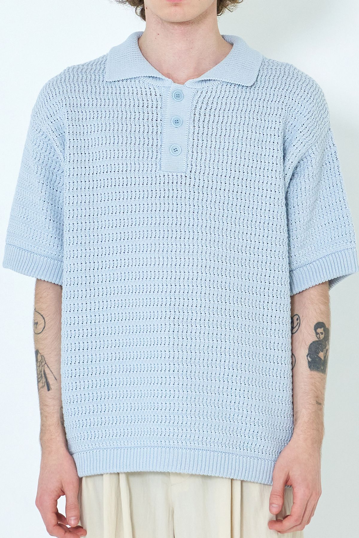 우석(WOOSUK) Crochet Knit Cotton Polo Shirt (White Sky)
