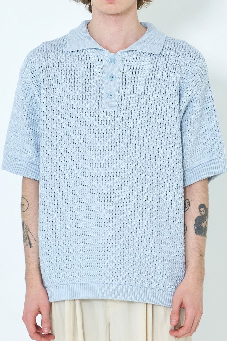 Crochet Knit Cotton Polo Shirt (White Sky)