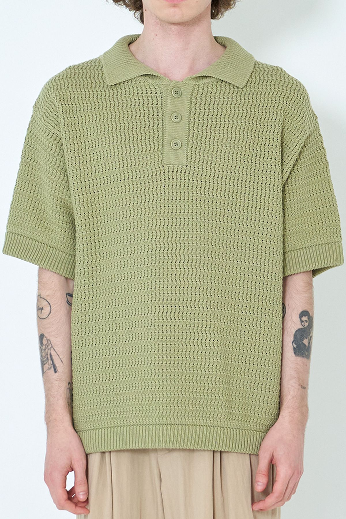 우석(WOOSUK) Crochet Knit Cotton Polo Shirt (Limeade)