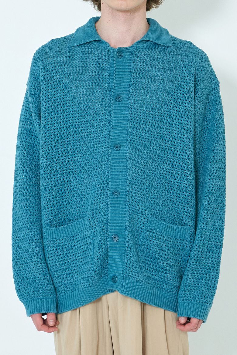 Crochet Knit Cotton Polo Cardigan (Ocean Turquise)