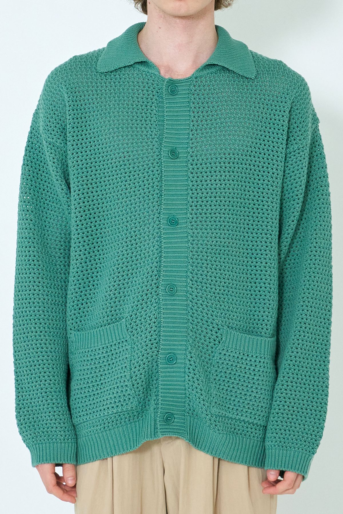 우석(WOOSUK) Crochet Knit Cotton Polo Cardigan (Topaz Green)