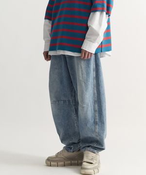 와이드 커브드 플랩 디테일 데님 팬츠(블루)