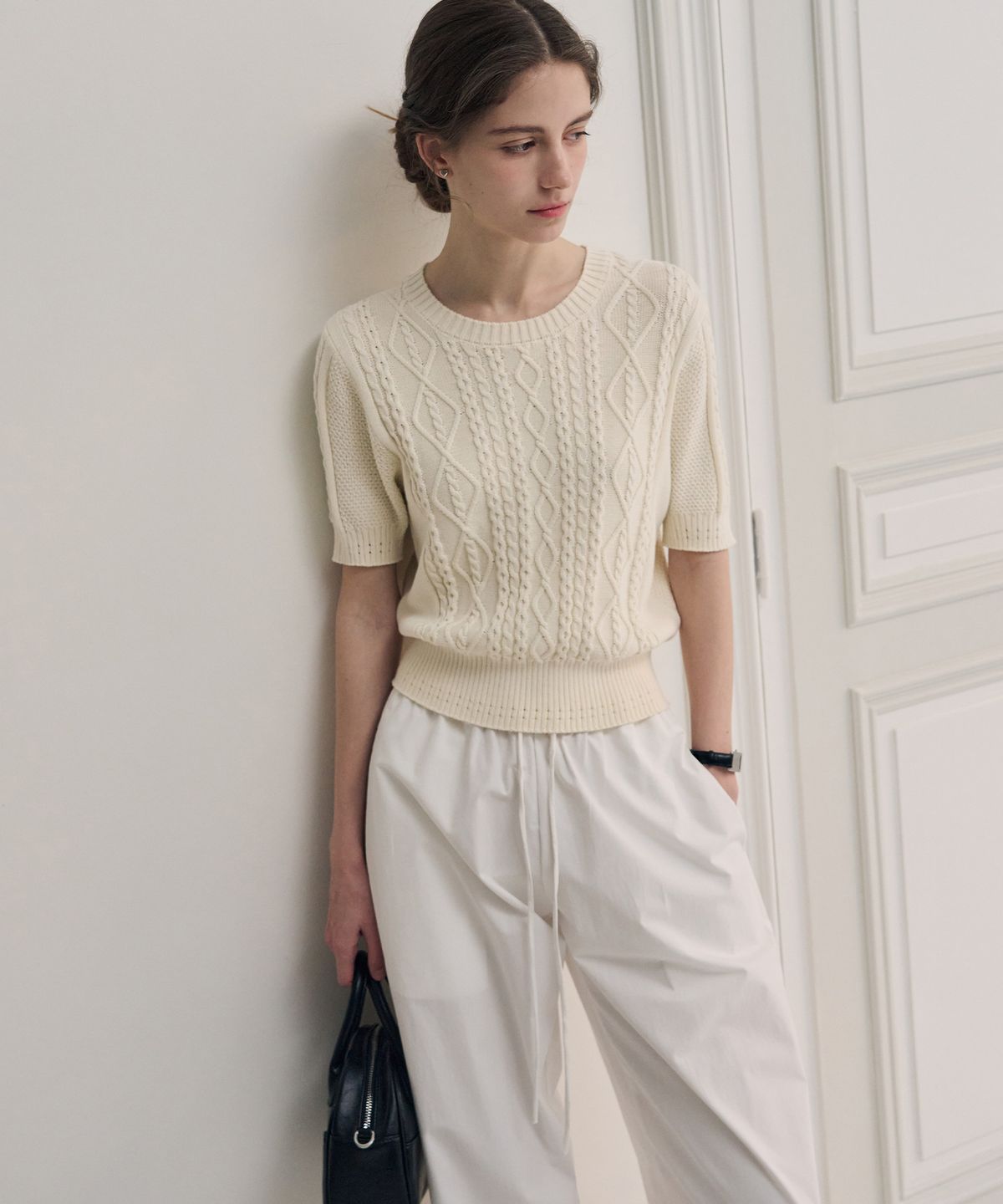 드로우핏 우먼(DRAWFIT WOMEN) 스카시 케이블 반팔 니트 [IVORY]