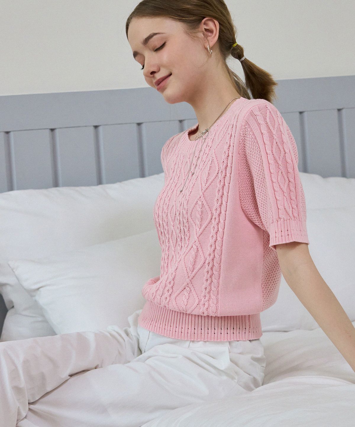 드로우핏 우먼(DRAWFIT WOMEN) 스카시 케이블 반팔 니트 [PINK]