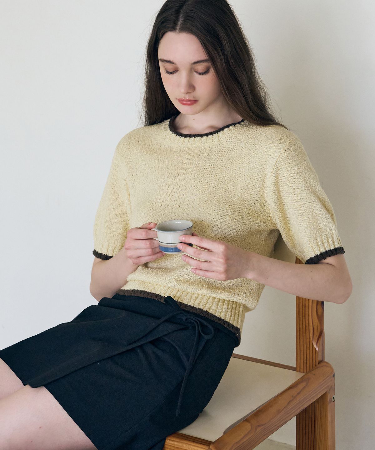 드로우핏 우먼(DRAWFIT WOMEN) 라인 배색 부클 반팔 니트 [L.BEIGE]