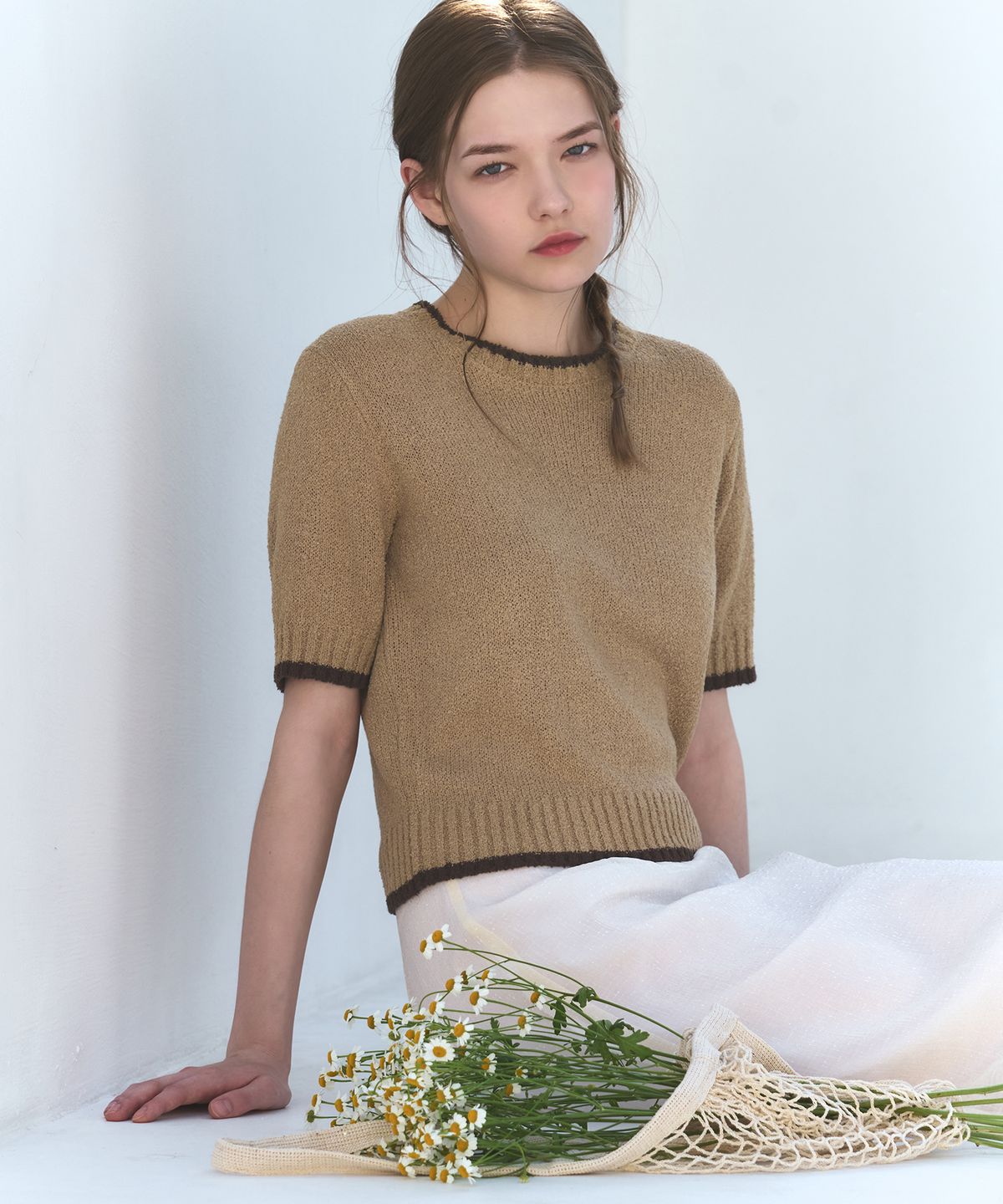 드로우핏 우먼(DRAWFIT WOMEN) 라인 배색 부클 반팔 니트 [BEIGE]