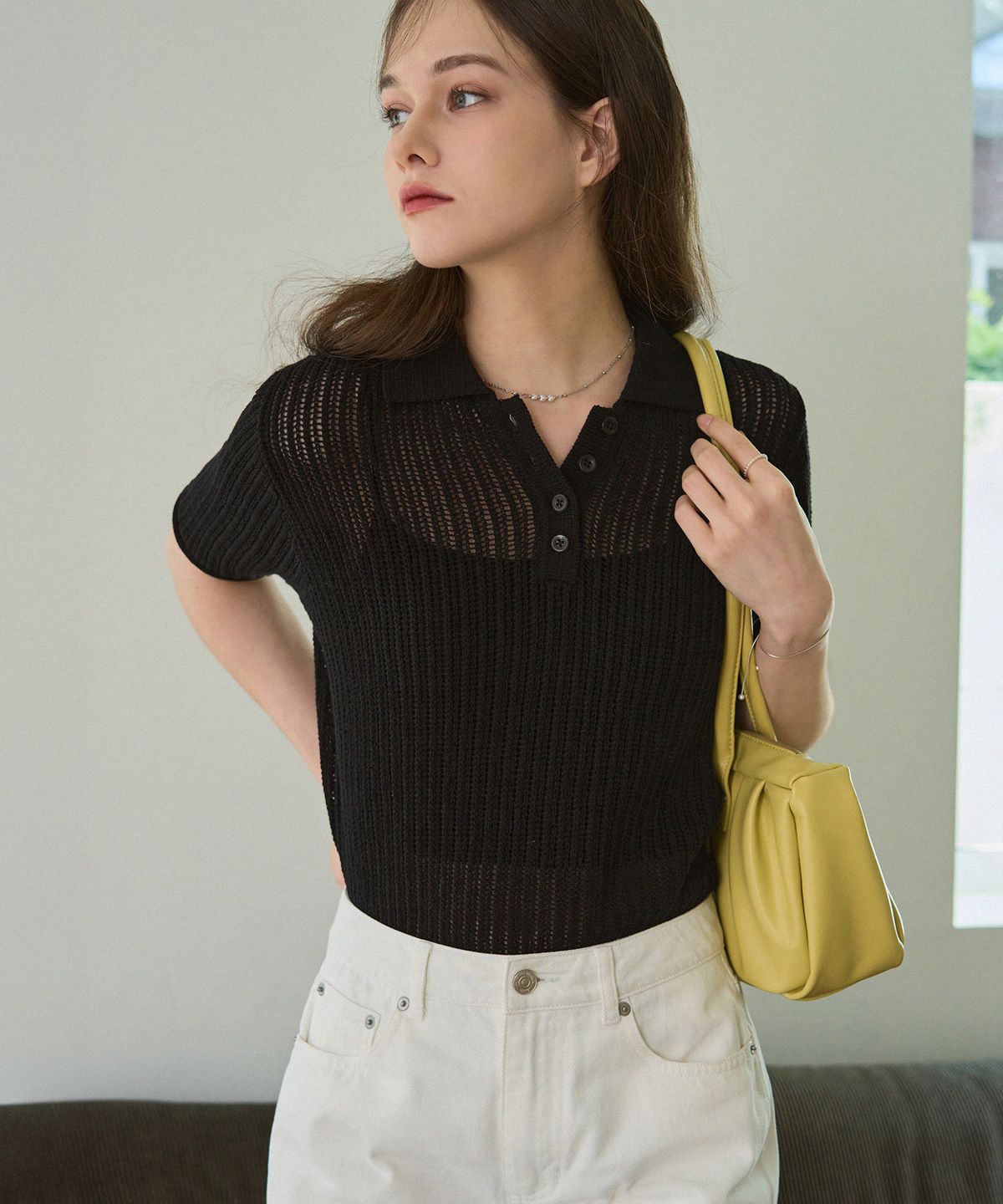 드로우핏 우먼(DRAWFIT WOMEN) 스카시 카라 코튼 반팔 니트 [BLACK]