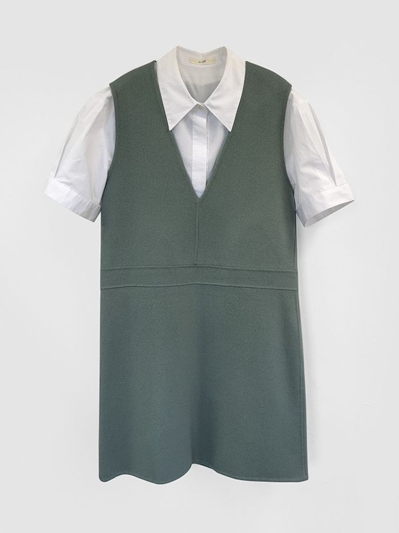 Handmade v-neck wool mini dress_ KHAKI GRAY