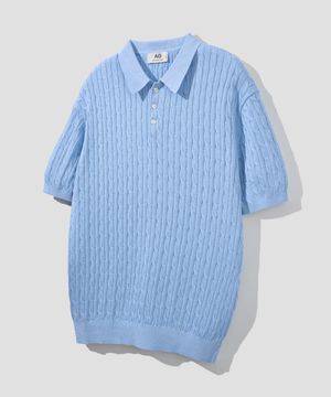 코튼 모달 워셔블 버튼 카라 케이블 하프 니트 [스카이블루]