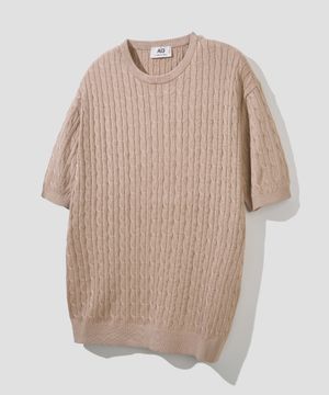 코튼 모달 워셔블 크루 넥 케이블 니트 [베이지]
