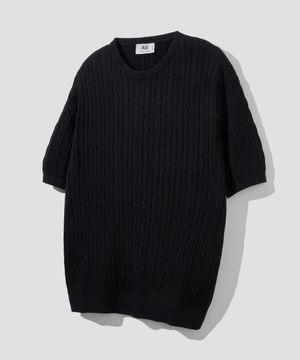 코튼 모달 워셔블 크루 넥 케이블 니트 [블랙]