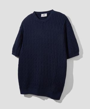코튼 모달 워셔블 크루 넥 케이블 니트 [네이비]