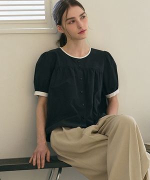 셔링 퍼프 반팔 블라우스 [BLACK]