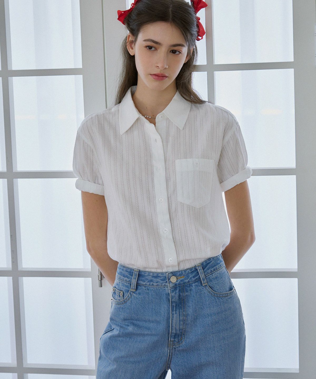 드로우핏 우먼(DRAWFIT WOMEN) 레이스 스트라이프 반팔 셔츠 [WHITE]