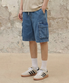 버뮤다 와이드 원턱 카고 데님 쇼츠 [미디엄블루]