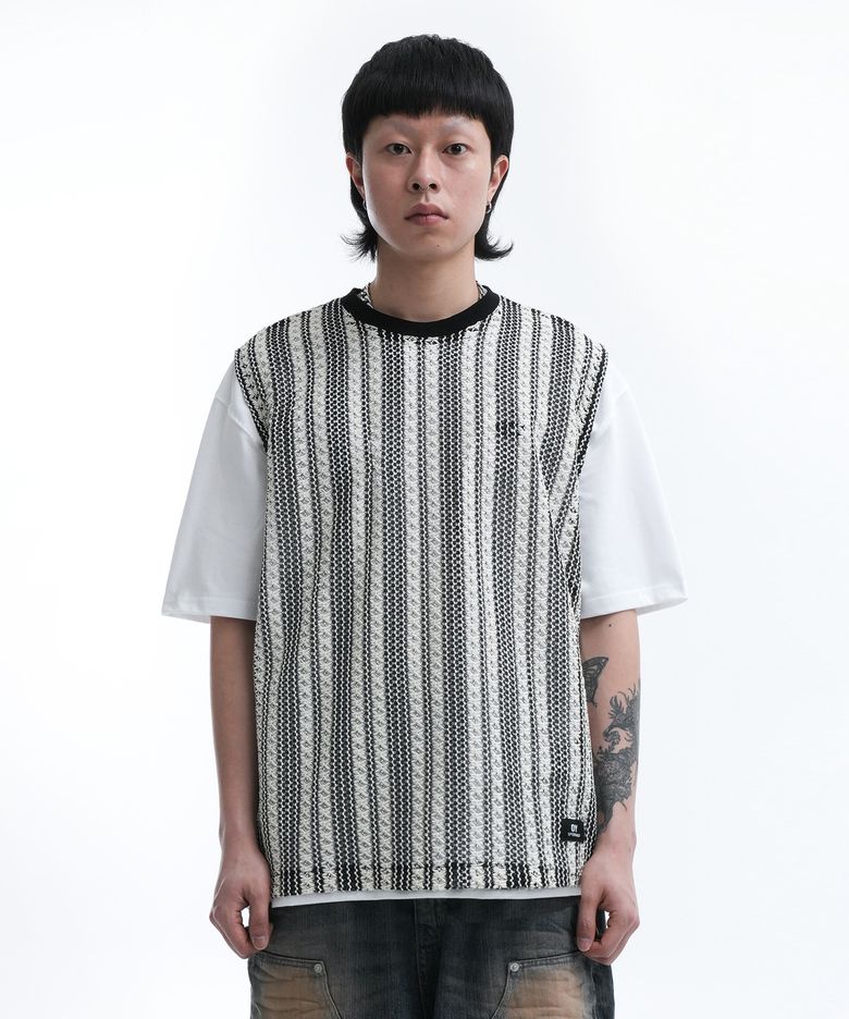 STRIPE CROCHET KNIT VEST-IVORY