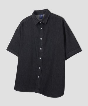 버튼 다운 오버핏 데님 하프 셔츠 [블랙]