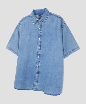 버튼 다운 오버핏 데님 하프 셔츠 [미디엄블루]