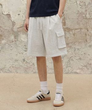 버뮤다 와이드 원턱 카고 스웨트 쇼츠 [화이트멜란지]