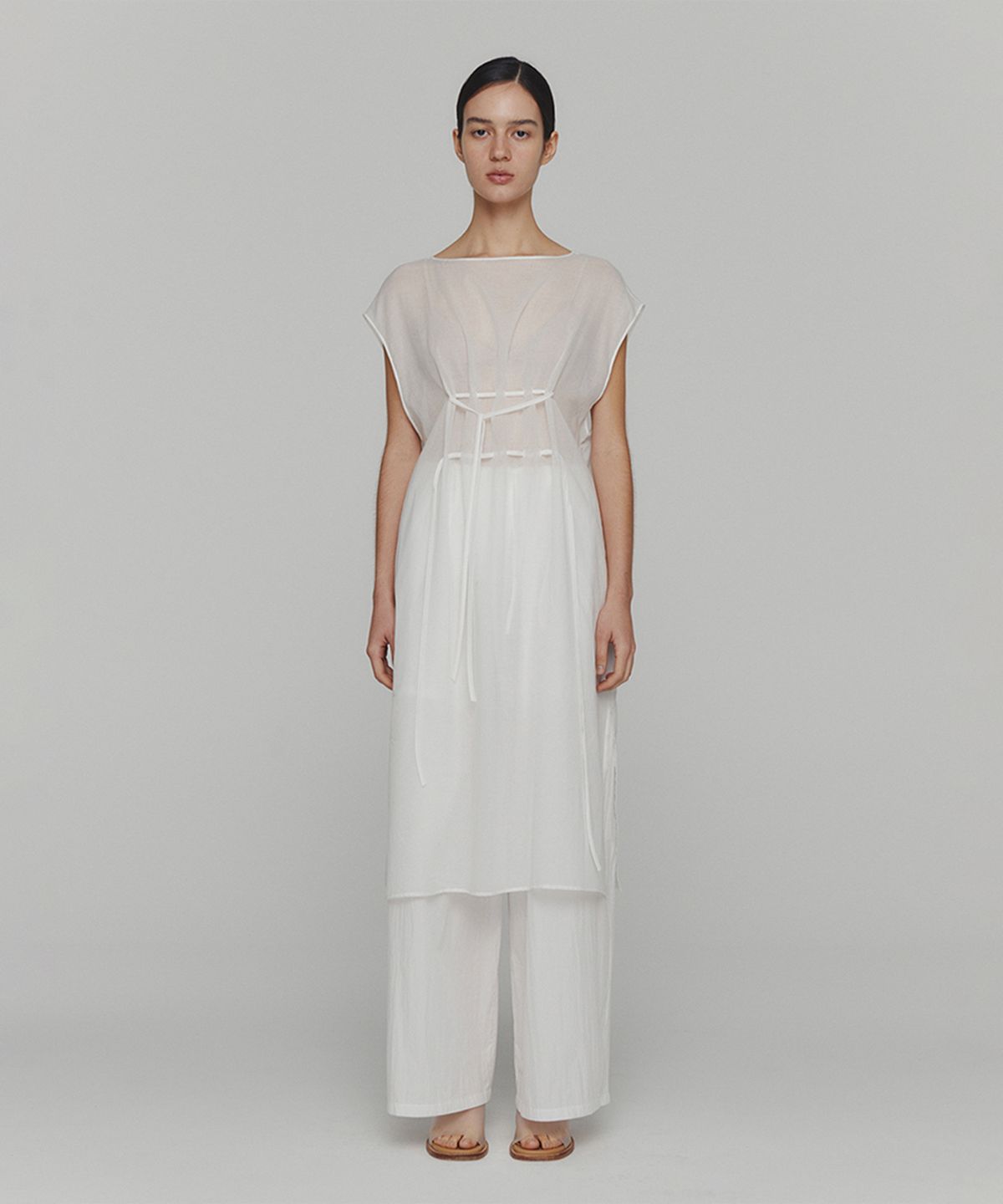 아모멘토(AMOMENTO) SHEER DRAWSTRING DRESS_WHITE