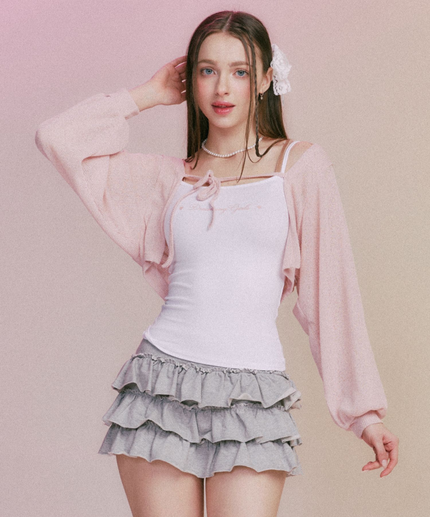 MUSINSA公式 | MOON FAIRY MF Sasha Ribbon Bolero Cardigan-Pink