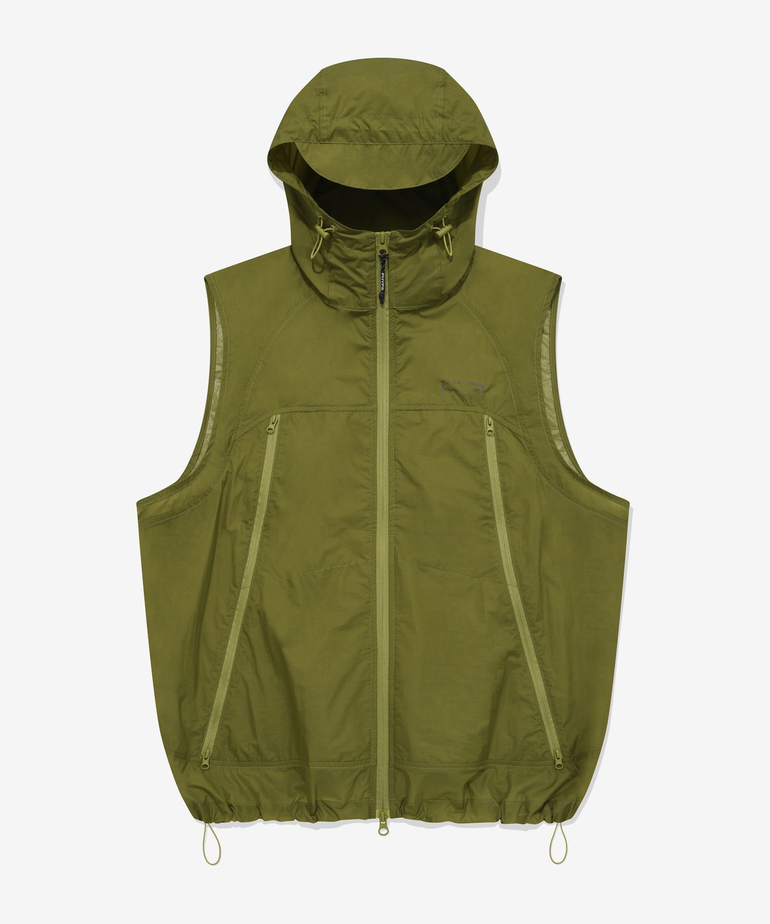MUSINSA | PHYPS Wind Hooded Zip-Up Vest_Khaki