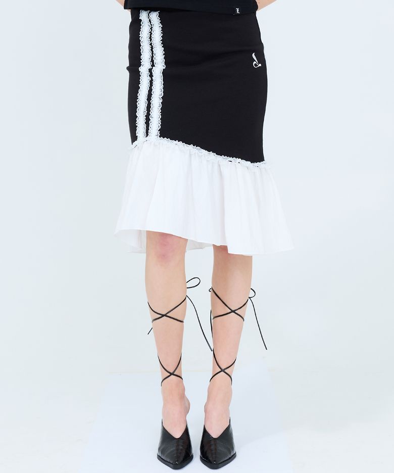 CURVED L LACE MIDI SKIRT(BLACK)