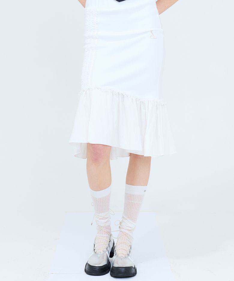 CURVED L LACE MIDI SKIRT(WHITE)