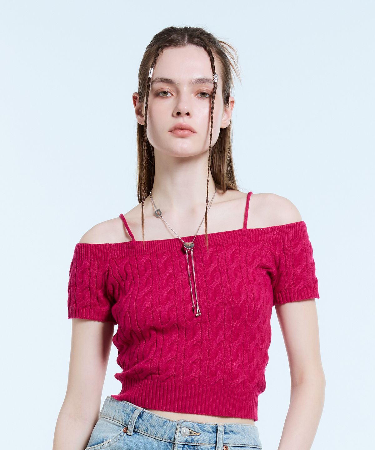 라티젠(LARTIGENT) L11 CABLE OFF SHOULDER KNIT(PURPLE)