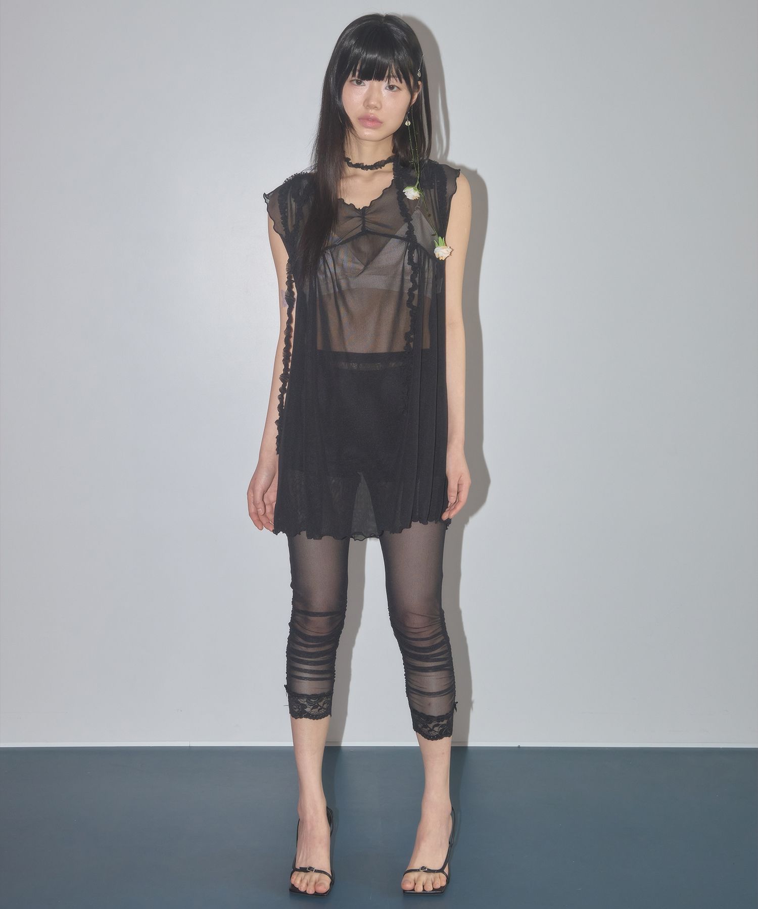 ★NOFFICIALNOFFICE★SEE-THROUGH MESH RIBBON TOP BLACK★人気 SEE-THROUGH MESH RIBBON TOP BLACK