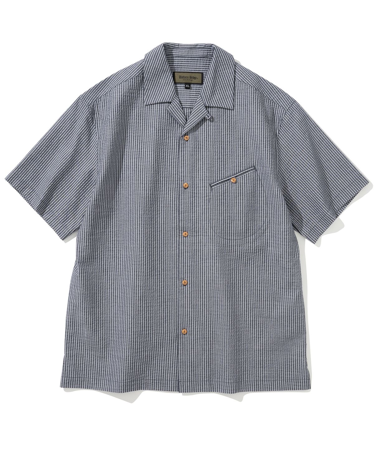 유니폼브릿지(UNIFORM BRIDGE) 24ss open collar stripe s/s shirt navy
