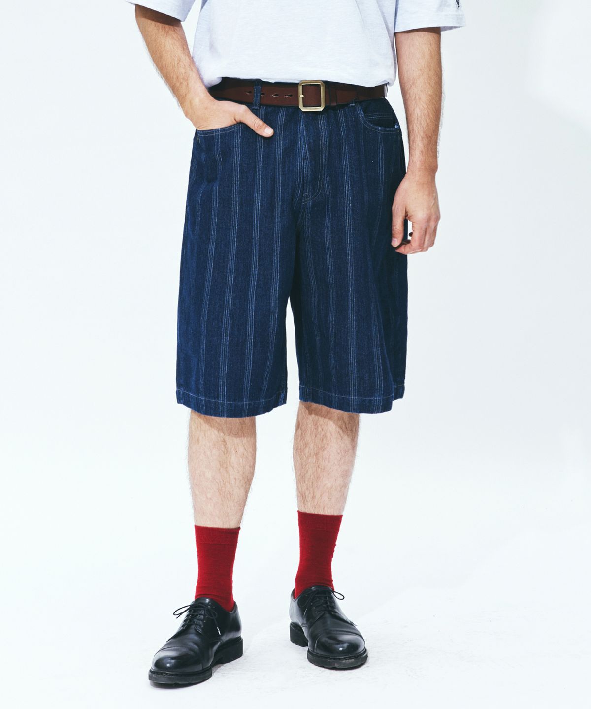 유니폼브릿지(UNIFORM BRIDGE) jacquard stripe denim short pants 10.5oz indigo washed