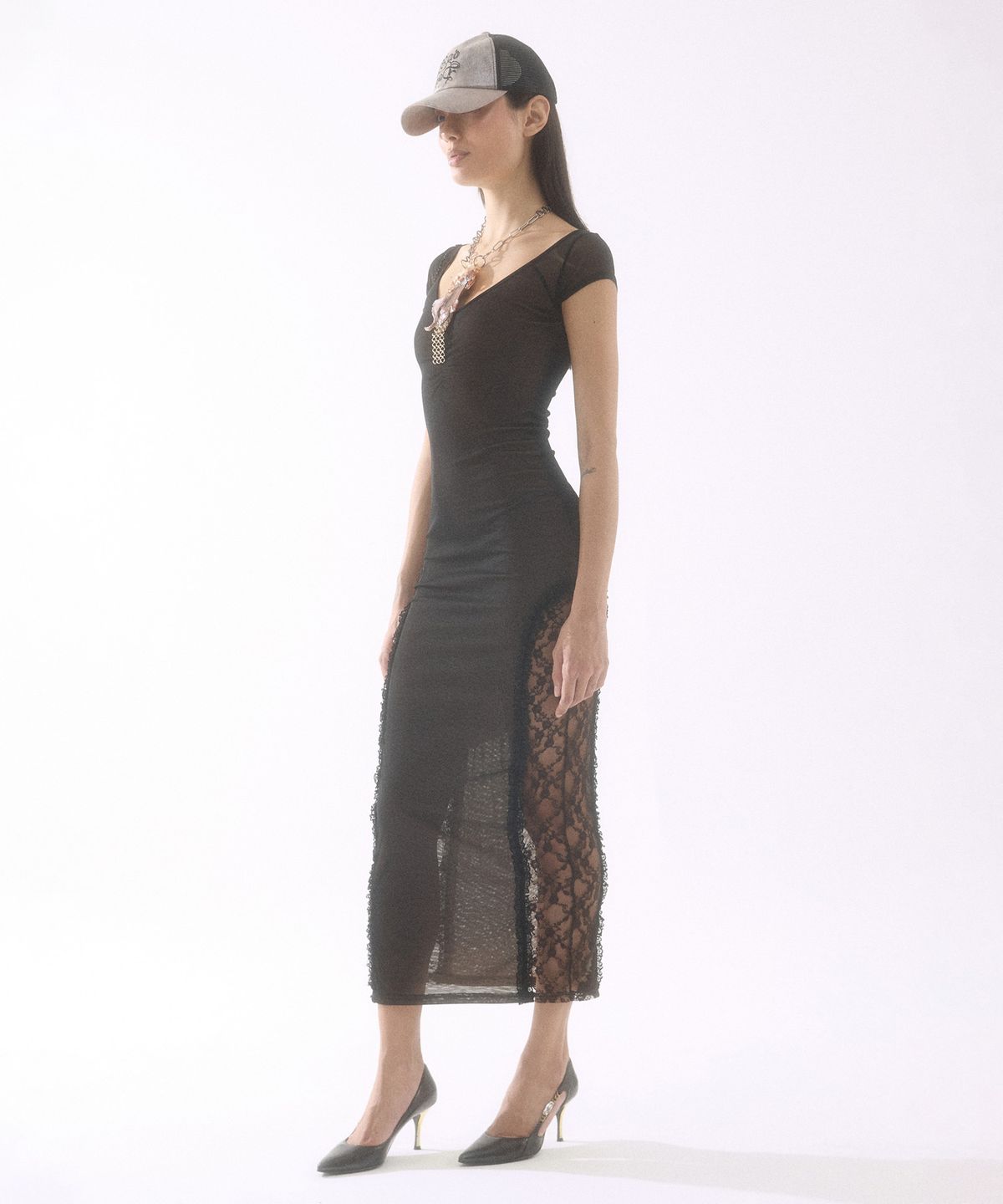 배디(BADEE) Side Lace Sheer Dress Black